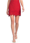 Red lace skirt worn by a person on a white background