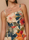 Woman wearing a floral dress with a beige background