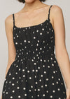 Black polka dot dress worn by a person on a neutral background