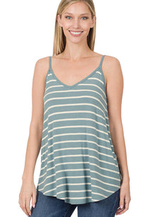  Woman wearing a blue and white striped tank top on a white background