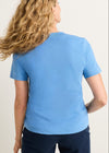 Person wearing a blue t-shirt with a plain background