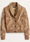 Brown patterned cardigan with buttons on a light gray background
