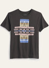 Black t-shirt with geometric pattern on a light gray background