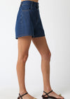 Person wearing blue denim shorts on a white background
