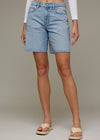 Person wearing light blue denim shorts on a neutral background