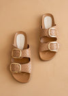 Pair of tan sandals with gold buckles on a beige background