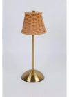 Table lamp with rattan shade and brass base on a light gray background