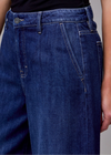 Close-up of blue jeans with a neutral background