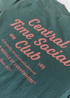 Green t-shirt with red text 'Central Time Social Club' on a white background