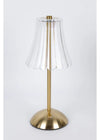 Gold table lamp with a clear glass shade on a white background