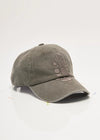 Gray baseball cap with embroidered design on a white background