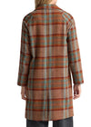 Plaid coat worn by a person on a white background