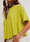 Person wearing a bright green top with a white background
