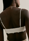 Person wearing a white lace bralette on a plain background