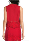 Red sleeveless dress with lace details on a white background