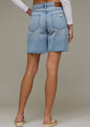 Light blue denim shorts worn by a person on a neutral background