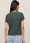 Person wearing a green t-shirt and light blue jeans on a beige background
