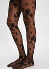 Black floral patterned tights on a white background