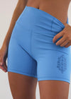 Blue athletic shorts with a subtle design on a plain background