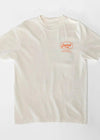 Beige t-shirt with a red logo on a white background